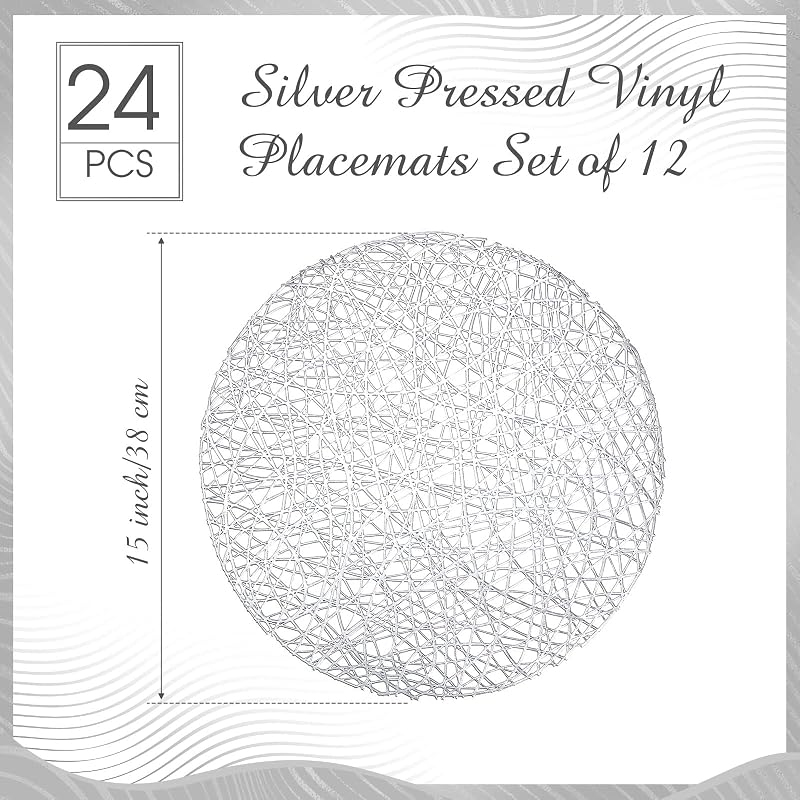 Sieral 24-Pack 15-Inch Silver Round Placemats with Hollow-Out Vinyl Pattern - Variation: Silver+24