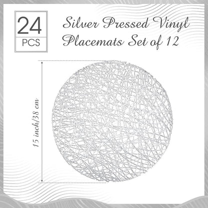 Sieral 24-Pack 15-Inch Silver Round Placemats with Hollow-Out Vinyl Pattern - Variation: Silver+24