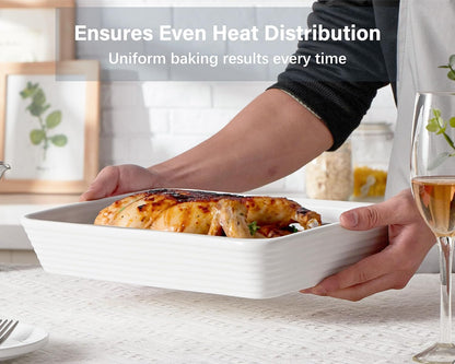 ONEMORE Ceramic Baking Dish - 9x13 Large Rectangular Casserole Pan for Oven & Family Meals | Ribbed White Bakeware