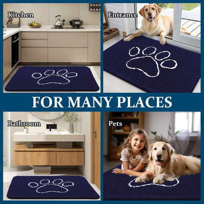 OLANLY Dog Door Mat for Muddy Paws 70x24, Paw Print Design, Absorbs Moisture and Dirt, Absorbent Non-Slip Washable Doormat, Quick Dry Chenille Mud Mat for Dogs, Entry Indoor Entryway Carpet, Navy Blue
