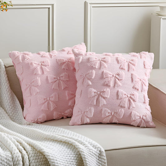 Mixweer Pink Bow Pillow Covers - Set of 2 Soft Faux Fur Decorative Aesthetic Pillowcases | 18 x 18 Inch