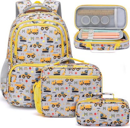 Fimibuke Kids Backpack Set - 3PCS Waterproof School Bag with Lunch Box & Pencil Case | Trucks, Ages 3-12