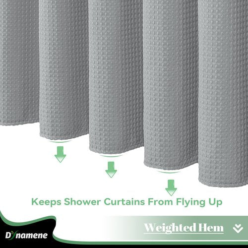 Dynamene Fabric Shower Curtain with Snap in Liner, Grey Waffle Hotel Shower Curtains for Bathroom, Washable Waterproof Cloth Shower Curtain Liner Set with Plastic Hooks, Mesh Top Window, 72x72, Gray