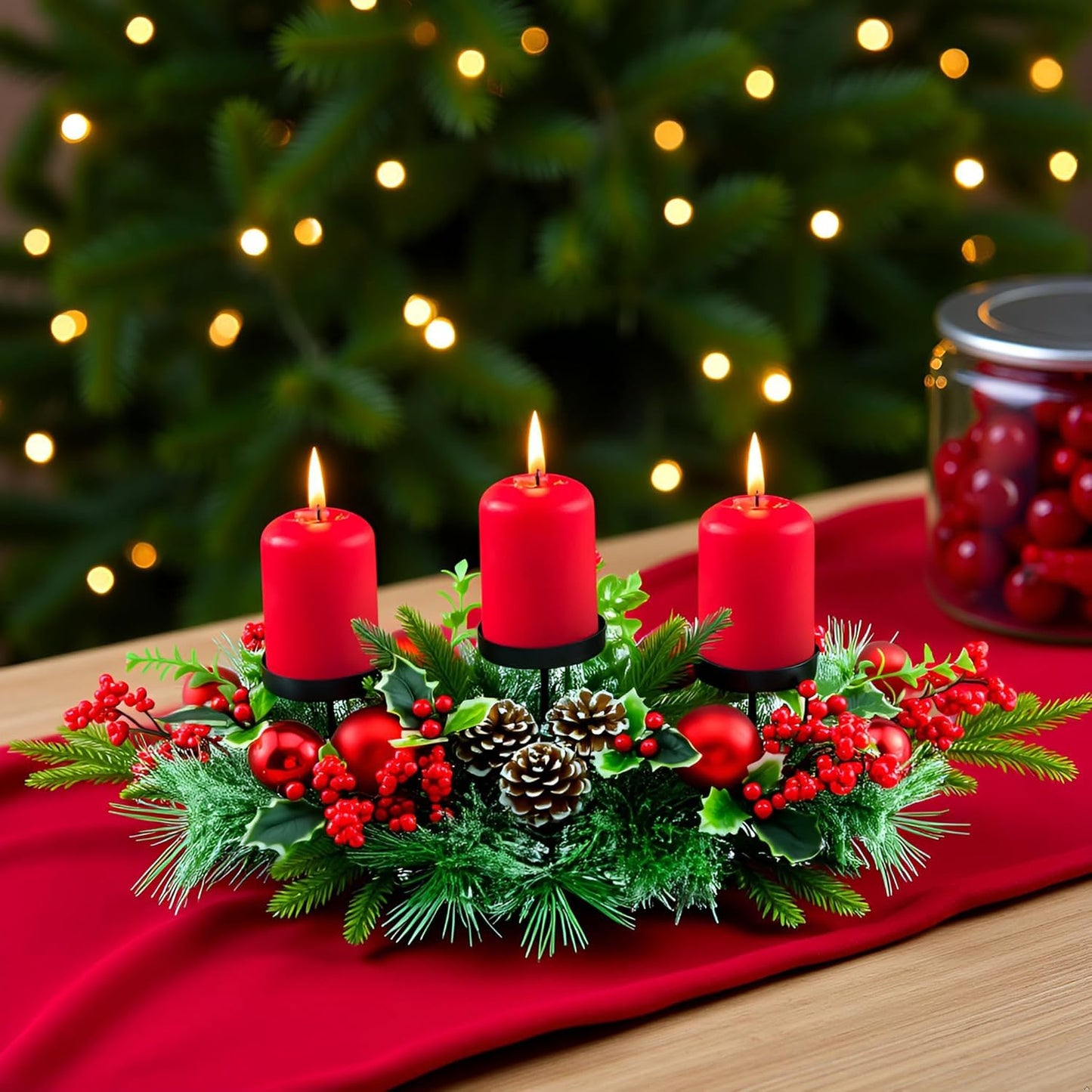 YULETIME Christmas Triple Candelabrum - Holiday Candle Holder with Red Baubles & Natural Pine Decor