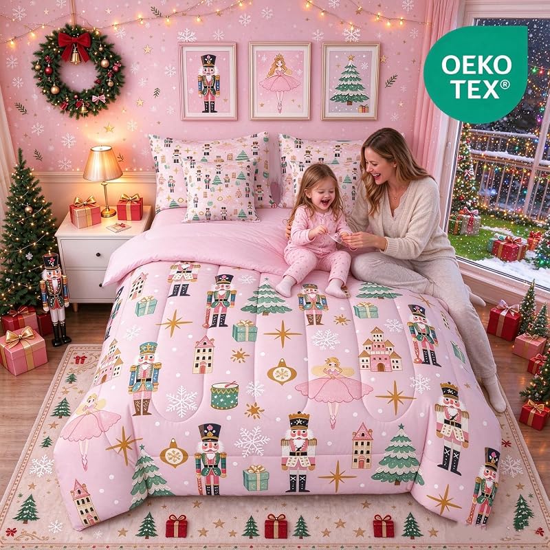 Green & Pink 7-Piece Twin Christmas Comforter Set – Nutcracker Castle Theme Bedding