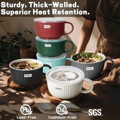 Artena 38 oz Soup Bowls - Microwave Safe Ceramic Ramen Bowls with Handles & Lids | 6 Inch Black Set