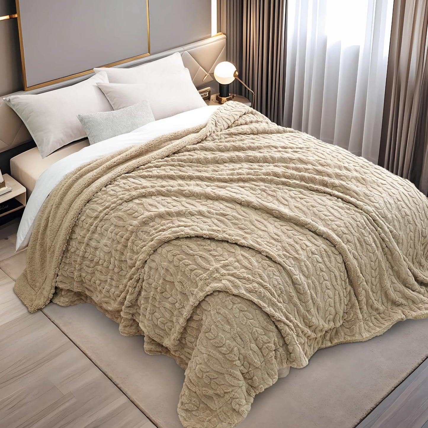 PHF Fluffy Sherpa Blanket King Size for Winter, Warm and Soft, 510GSM 3D Jacquard Thick Shaggy Fleece Plush Blanket for Sofa Bed, Khaki, 108"x90"