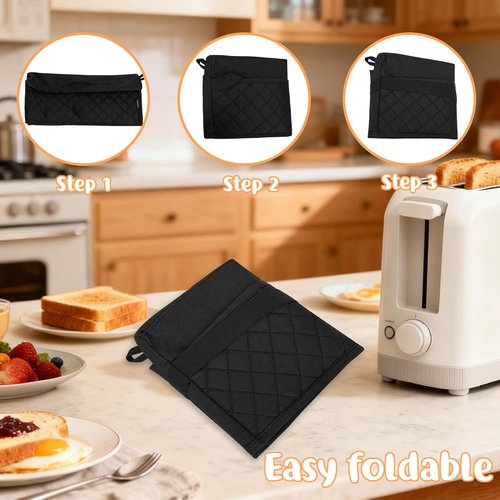 Bella Cute Slim Toaster Dust Cover - Quilted Black with Pockets & Elastic Band for 2-Slice Toaster