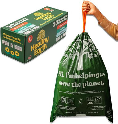 Healthy Earth 13 Gallon Compostable Trash Bags - Heavy Duty Leak-Proof Kitchen Liners | 30 Count
