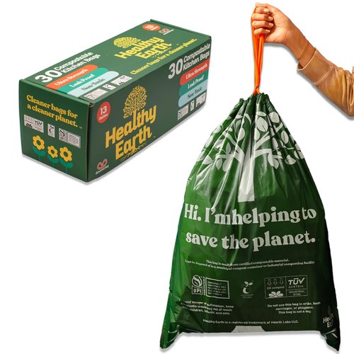 Healthy Earth 13 Gallon Compostable Drawstring Trash Bags, 1.13 Mil Extra Thick Tall Kitchen Liners (49.2 L), Heavy Duty Leak-Proof Food Scrap Bags, BPI & TÜV OK Compost Certified, 30 Count