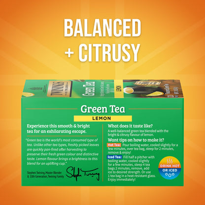 Twinings Green Tea with Lemon Individually Wrapped Bags, 20 Count (Pack of 6), Zesty Citrus Aroma & Flavour, Caffeinated, Enjoy Hot or Iced, 120 Teabags
