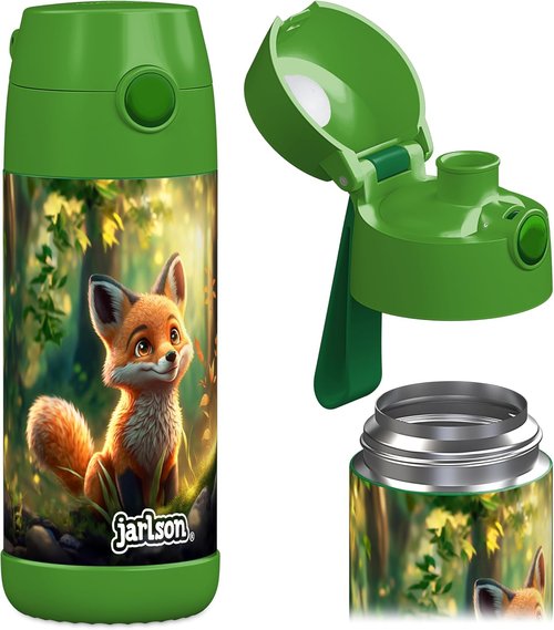 Jarlson® Kids Water Bottle MALI - 12oz Insulated Stainless Steel Thermos | Leak-Proof for School & Sports (Fox)