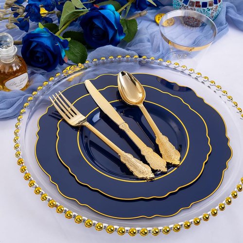 Liacere Navy Blue Plastic Plates - 350PCS Disposable Dinnerware Set for 50 Guests | Includes Napkins & Silverware