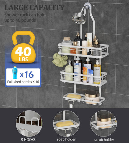 OMAIRA Shower Caddy - Adjustable Stainless Steel Organizer with Soap Holder | Large Capacity, White