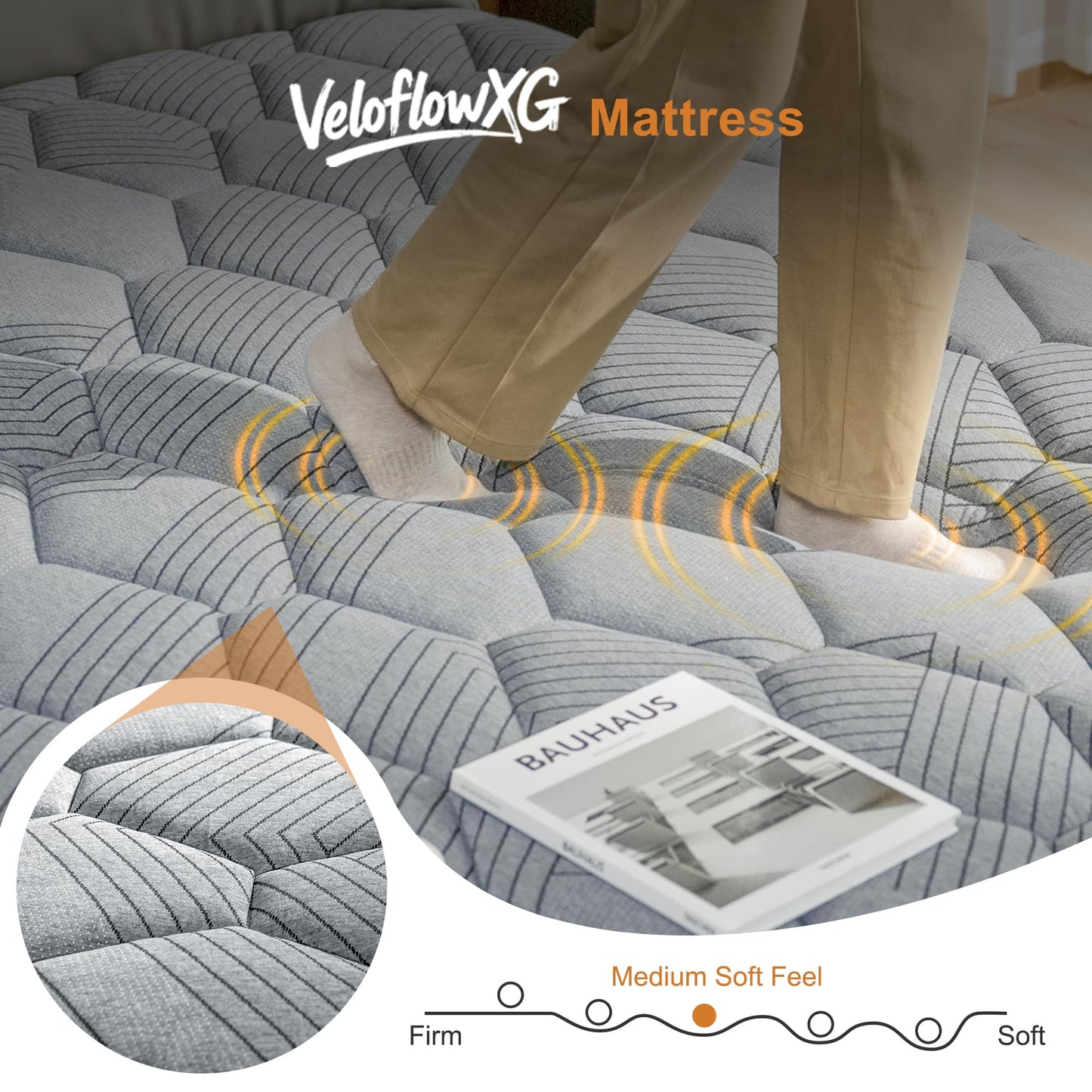 Veloflow Mattress in a Box, Medium-Strength Memory Foam, Relieves Back and Neck Pain, Individual Pocket Coil Springs, Sports Isolation, Edge Support, Breathable (Grey, Queen (U.S. Standard))