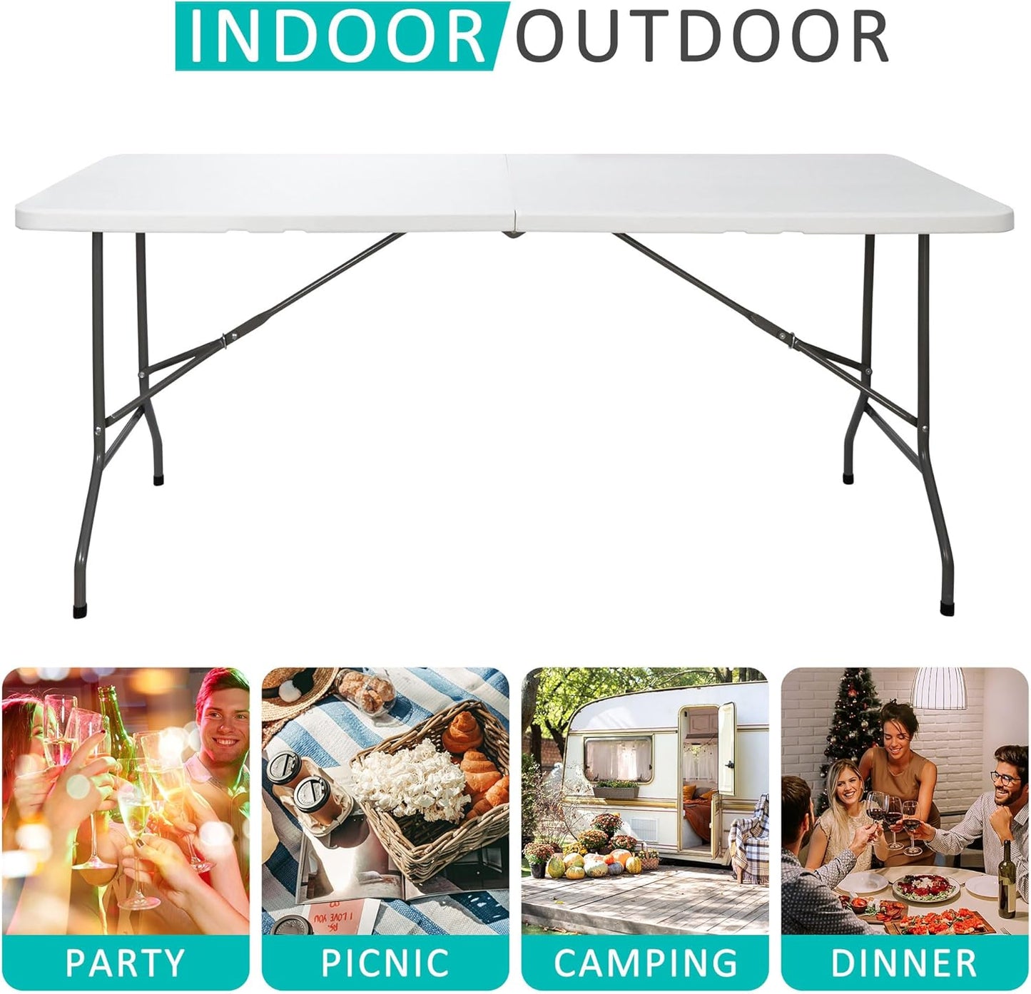 Skiennix 6FT Folding Table - Portable Heavy-Duty Plastic for Indoor/Outdoor Use | Ideal for Picnics & Parties