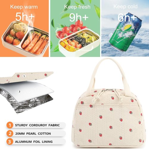 Bluboon Insulated Lunch Bag - Cute Corduroy Tote for Work, Picnic, or Travel | Large Capacity
