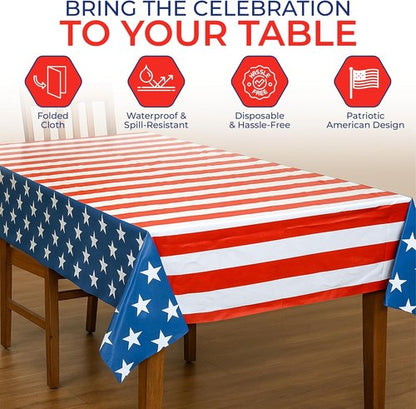 Iconikal American Flag Tablecloth - 3 Pack Disposable Covers, 54 x 108-Inch for July 4th Celebrations