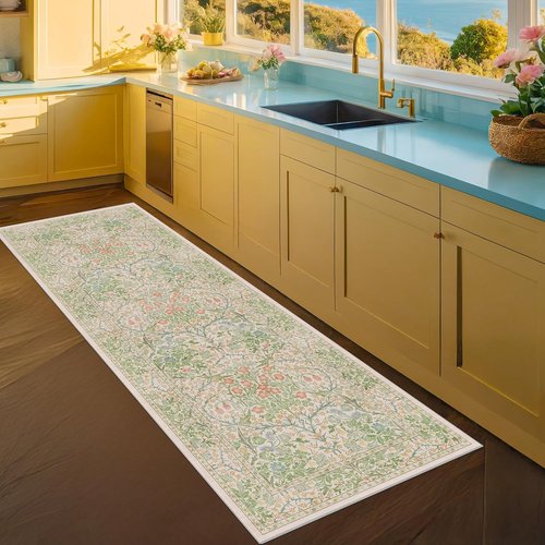 Hazo Haus Non-Slip Bathroom Runner Rug - Vintage Floral Design | Washable 24 x 72 Beige Green Mat