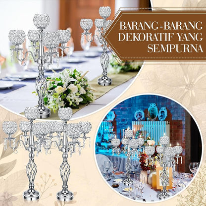 5-Arm Crystal Candelabras Set, 27 Inch - Silver Finish (4 Pieces) - Variation: Silver+4