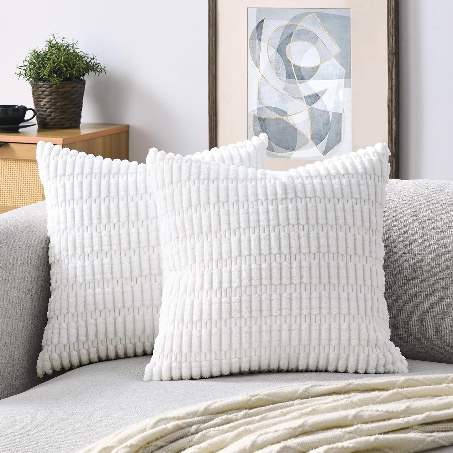 Volcanics Decorative Throw Pillow Covers - Pack of 2 Soft White Corduroy 18x18 Inch Cushions | Modern Farmhouse Decor