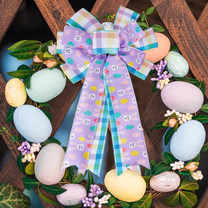 SIMISI Ribbon Easter Wreath Bow - Large Burlap Wired Bow with Bunny Eggs | 11x17.7 Inch Door Ornament