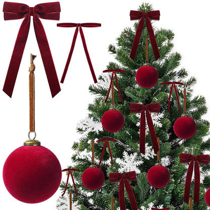 36 Pcs Burgundy Velvet Christmas Ornaments Set — 3.15in Balls & Velvet Ribbon Bows