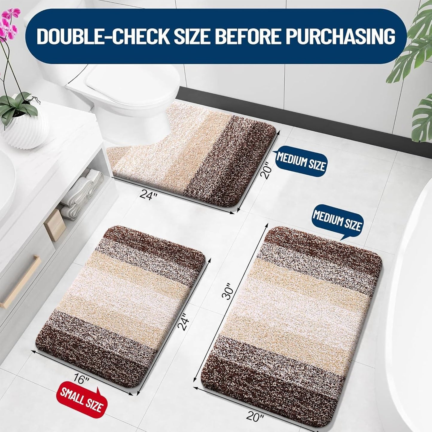 OLANLY Bathroom Rugs Set - Soft Absorbent Microfiber Mats & U-Shaped Contour Rug | Brown, 3-Piece Set (30"x20"+24"x16"+24"x20")