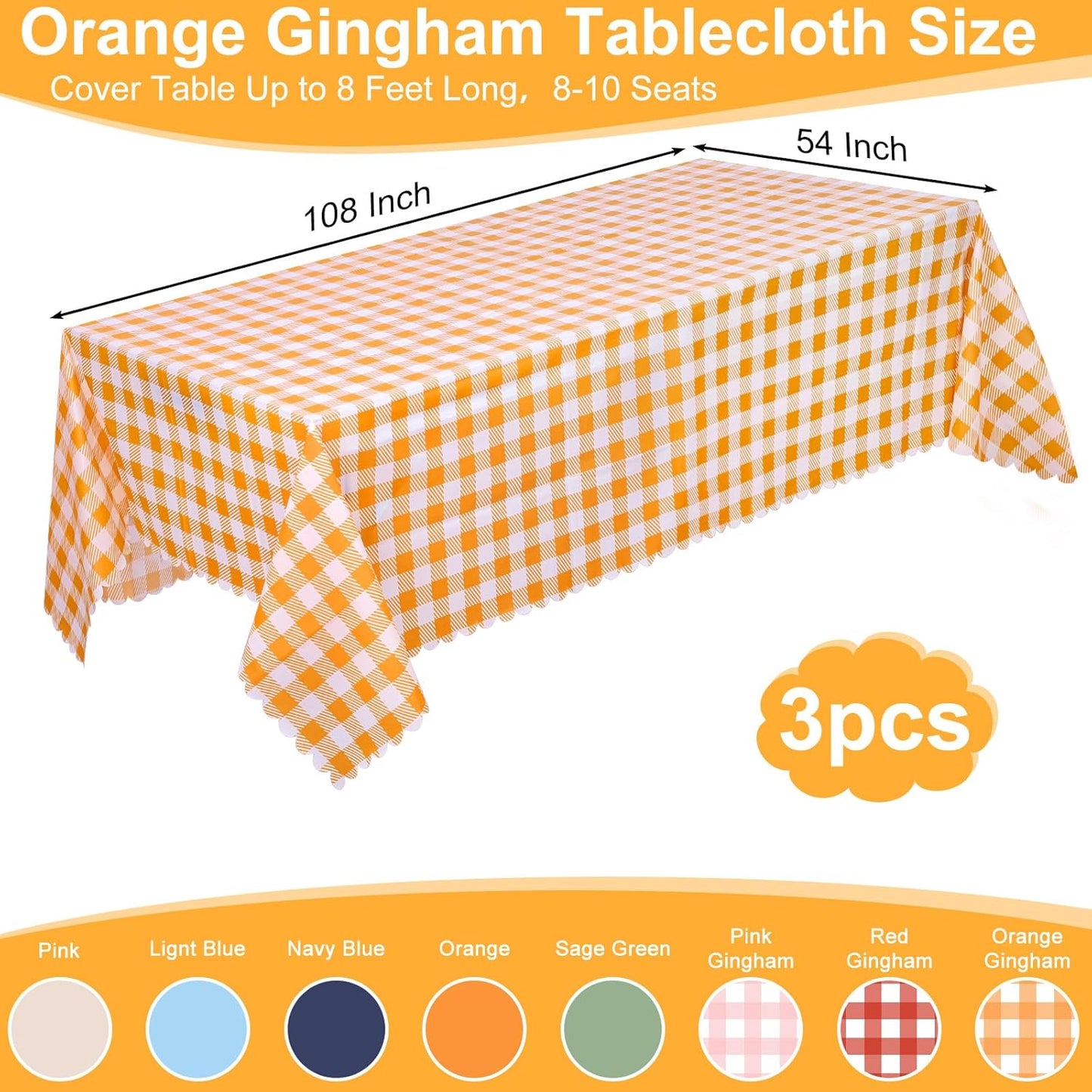 Orange Gingham Tablecloths by [Brand Name] - 3 Pack Disposable Waterproof Checkered Covers | 54 x 108 Inch for Parties