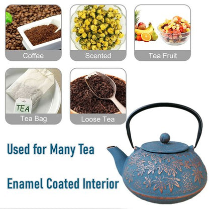 40 oz Japanese Style Cast Iron Teapot Set with Infuser and Trivet for Loose Tea, Adult Asain Tea Pot Kettle Maker with 2 Tea Cups, Blue