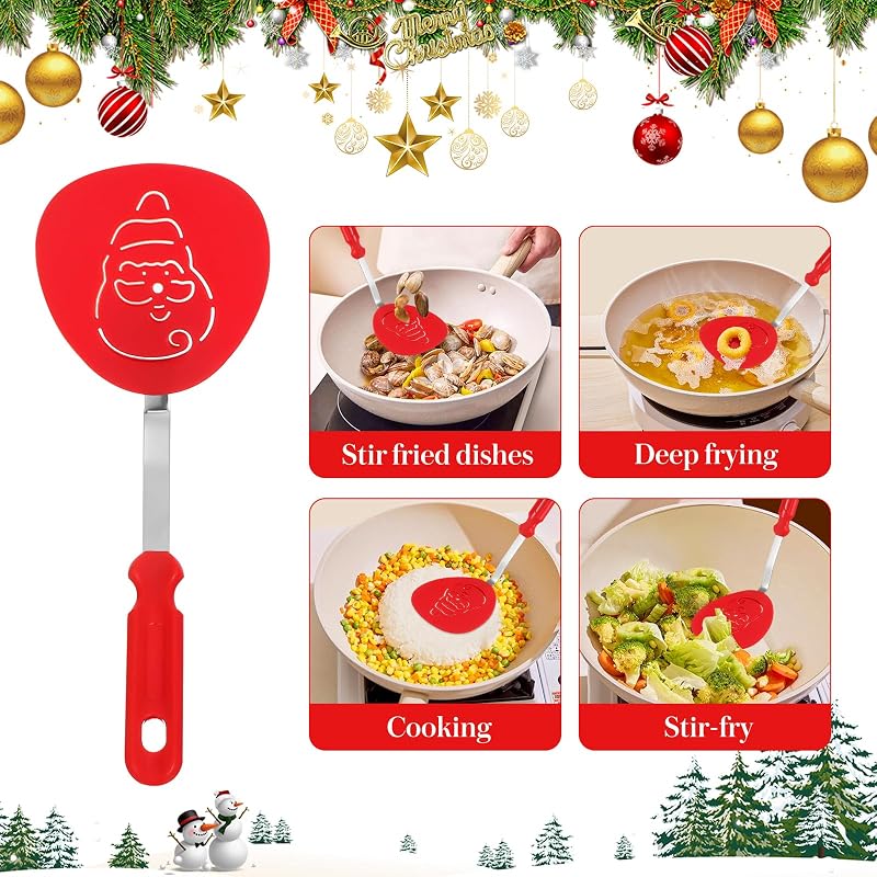 Christmas Spatula Set - 3 Pcs Nylon & Stainless Steel Turners for Baking, Tree, Santa & Snowflake