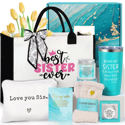 Sisters Gifts from Sister, Sister Christmas Gifts, Sister Birthday Gifts, Best Sister Ever Gift Basket with Tote Bag, Love You Sister Unique Gifts Ideas for Sister, Sister in Law