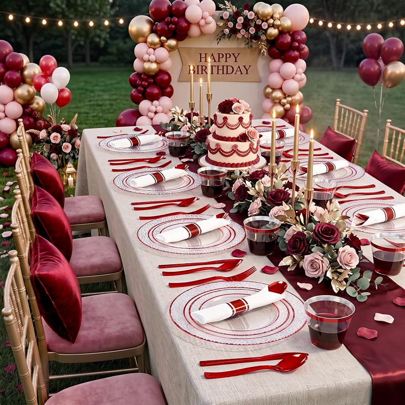 350 Piece Red Plastic Plates for Weddings & Holidays - Clear & Red+350 Variation