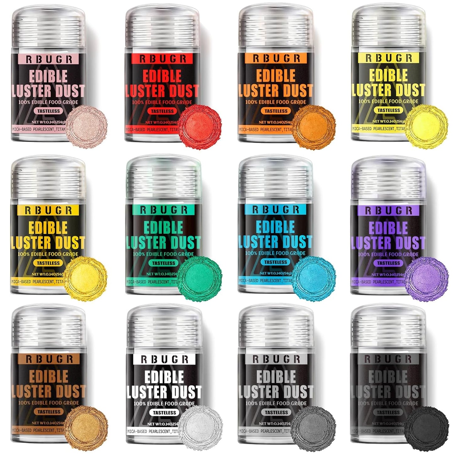 RBUGR Edible Glitter - 12 Vibrant Colors for Cocktails & Baking | Vegan Shimmer Dust (4g/0.14oz)