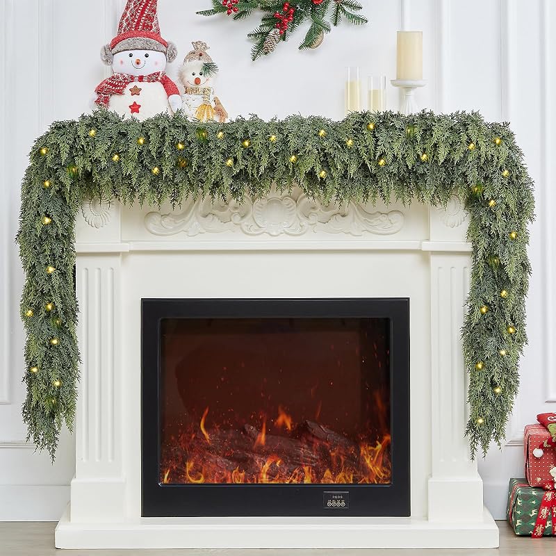 6FT 2PCS Extra Full Lighted Cedar Garland with LED Lights - 168 Branches, Realistic Two-Tone PE Foliage