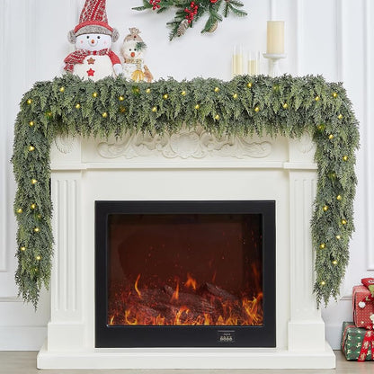 6FT 2PCS Extra Full Lighted Cedar Garland with LED Lights - 168 Branches, Realistic Two-Tone PE Foliage