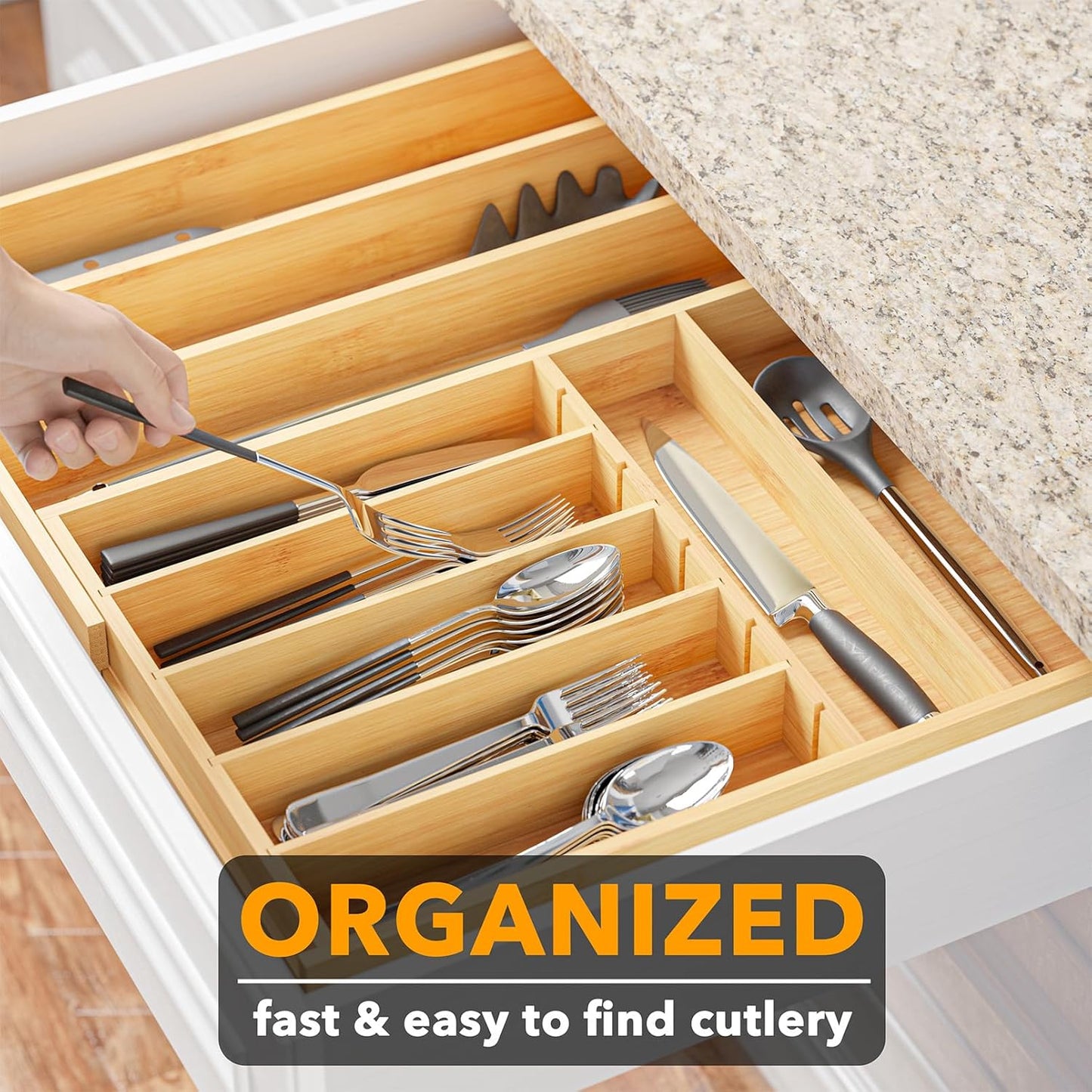SpaceAid Bamboo Silverware Drawer Organizer - Expandable Utensil Tray with Labels for Flatware Storage (Natural)