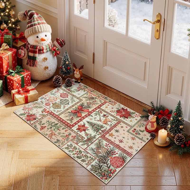 2x3 Christmas Entryway Rug - Boho Patchwork, Washable Beige 2' x 3' (Variation: Beige)
