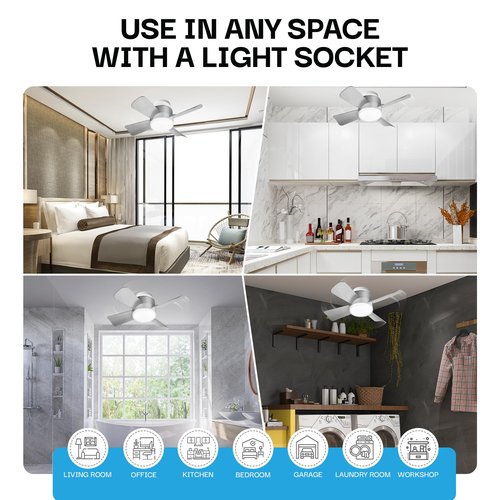 Bell+Howell Socket Fan Light Original – Warm Light Ceiling Fans with Lights and Remote, Ceiling Fan with Replacement for Light Bulb/Ceiling Fan for Bedroom, Kitchen, Living Room, 1000 Lumens - Silver