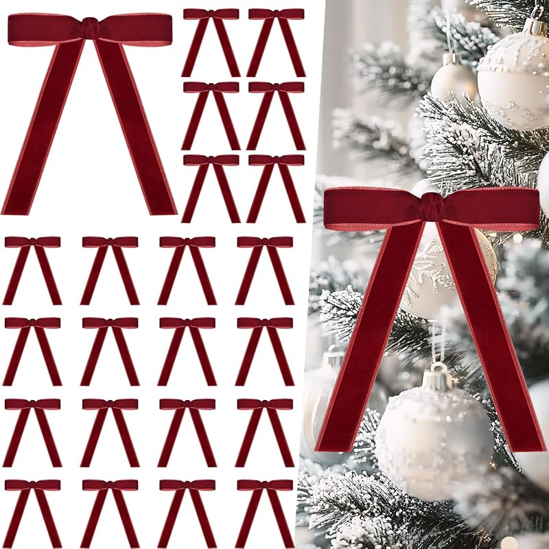 Artmag 24 Pcs Velvet Christmas Bows 5x7 in Burgundy - Rustic Wreath & Gift Decoration (Variation: Burgundy+5 x 7 Inch, Width 1")