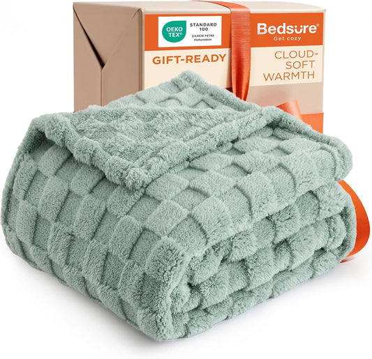 Bedsure GentleSoft Throw Blanket - Cozy Sage Green Checkered Fleece for Home Decor | 50x60 Inches