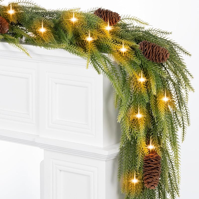 9ft Norfolk Pine Garland with Lights - 40-LED Battery Operated, 8 Modes, Pinecones, Timer - Prelit Christmas Decoration