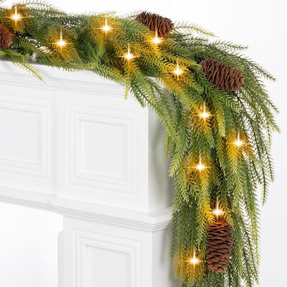 9ft Norfolk Pine Garland with Lights - 40-LED Battery Operated, 8 Modes, Pinecones, Timer - Prelit Christmas Decoration