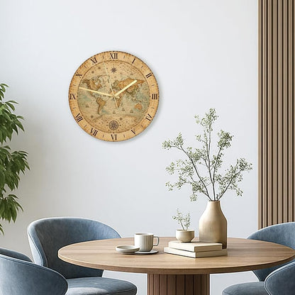 World Map Wall Clock - Vintage Rustic Compass, 11.6x11.6 in, Brown, Silent Non-Ticking