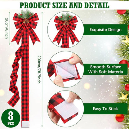Crowye 8 Pcs Christmas Ribbon Bow Set with Pine Cones - Red Black Plaid Cabinet Decoration (Variation: Red and Black Plaid)