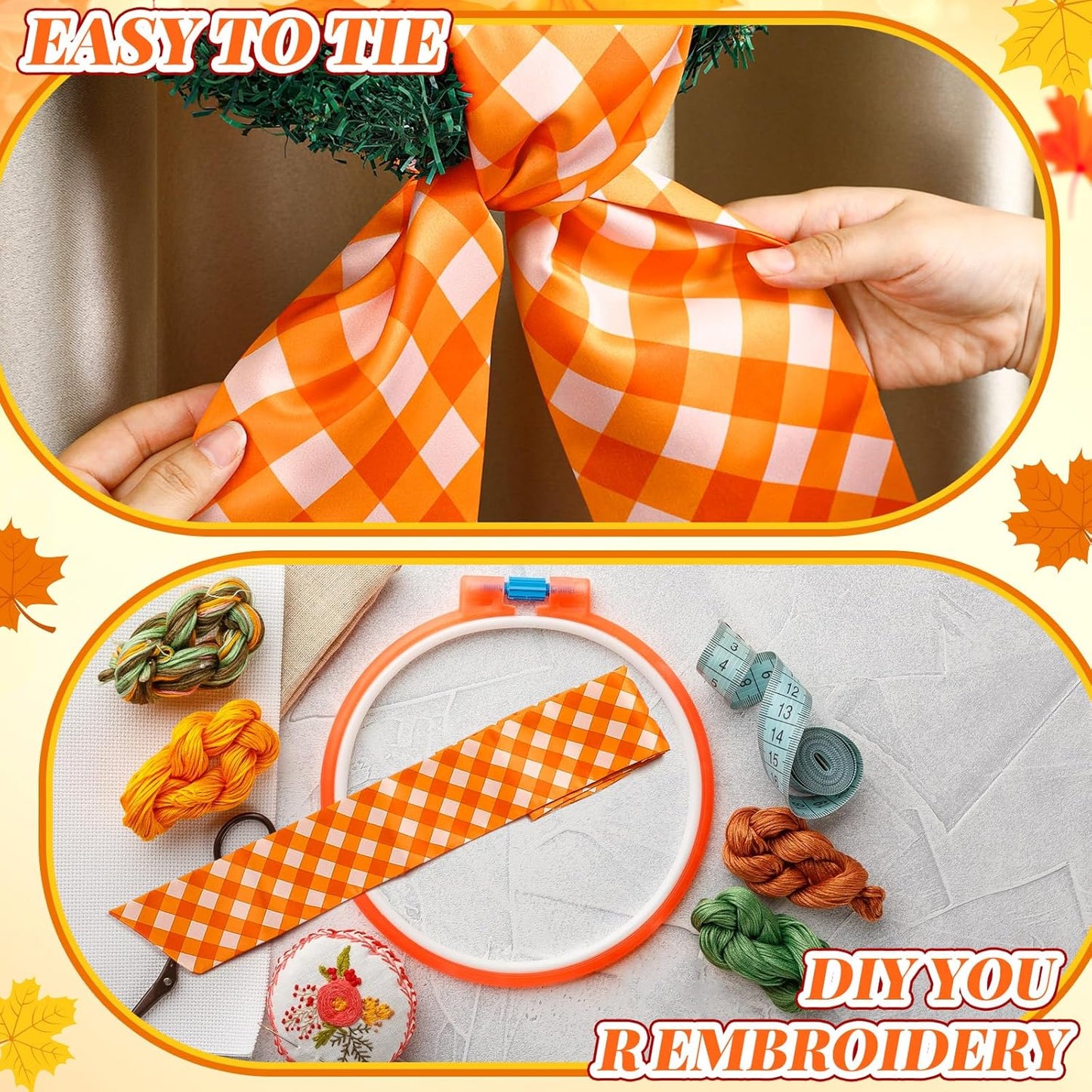 VitalCozy Fall Check Wreath Sash - Elegant Satin Ribbon for Monogrammed Embroidery | Indoor/Outdoor Decor