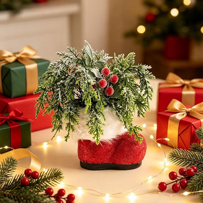 Mini Christmas Santa Boots Planter 8" with Red Berry Cedar