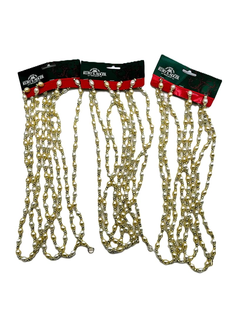 Gold & Ivory Beaded Garlands Set, 9 Ft Each, 3-Piece Holiday Decor