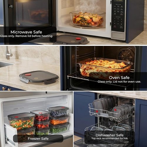 Borosilicate Glass Food Storage Containers - Airtight & Vented Lids | Set of 6 (3 Rectangular, 3 Square)