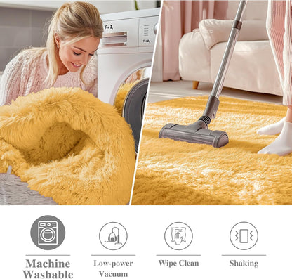 OLANLY Mustard Yellow Round Rug - Soft, Fluffy Shaggy Carpet for Bedroom | 3 ft Circle Area Rug